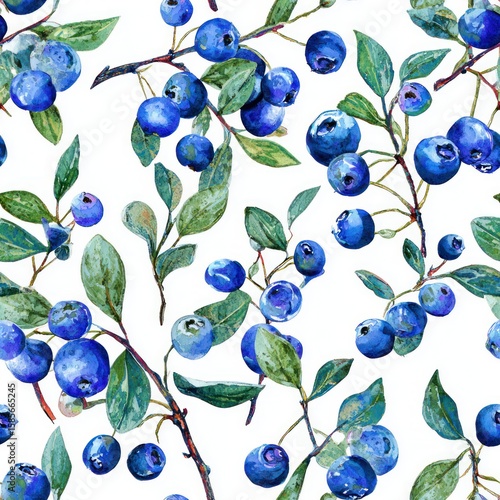 Vibrant watercolor blueberries and branches, seamless background for healthy food Vibrant Blueberry Bushes with Lush Green Leaves