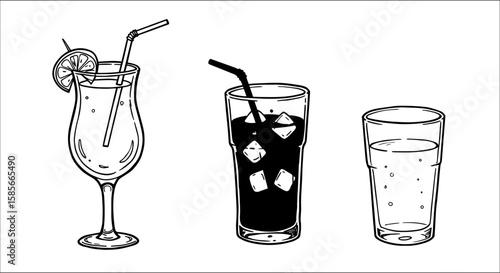 Black and white line art illustration of a set of refreshing drinks: a cocktail with lemon, an iced beverage with a straw, and a glass of sparkling water.