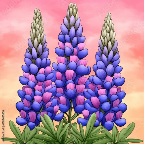 Vibrant Purple and Pink Lupine Flowers at Sunset