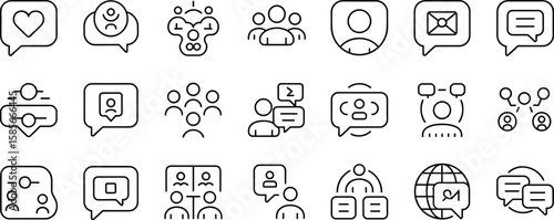 Communication, messaging, chat icons set with people, network, speech bubble, online conversation, social interaction, feedback, support, connection symbols
