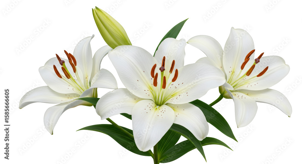 Fototapeta premium Blooming White Flowers Arrangement with Green Leaves Isolated