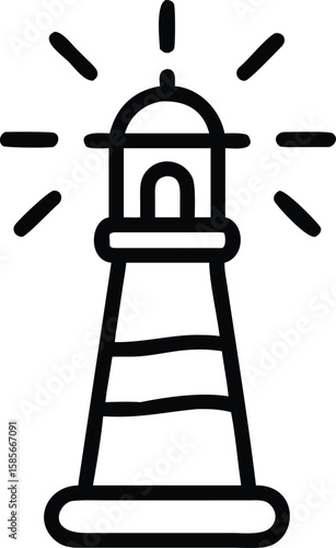 Lighthouse icon with light rays in simple outline style illustration