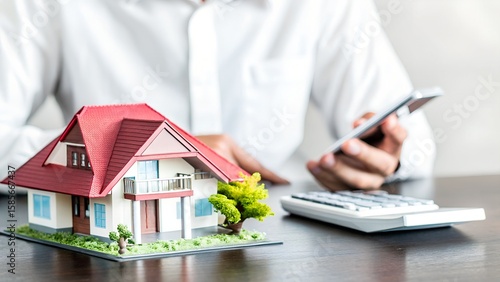 Simple Home Loan Planning and Budgeting with Mobile and Calculator. Real estate agent with house. Real Estate Concept.