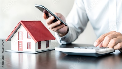 Easy Home Loan and Mortgage Calculation Concept Using Mobile Calculator for Personal Finance, Real Estate and Property Planning. Home Loan and Mortgage Calculation Concept with Mobile Calculation