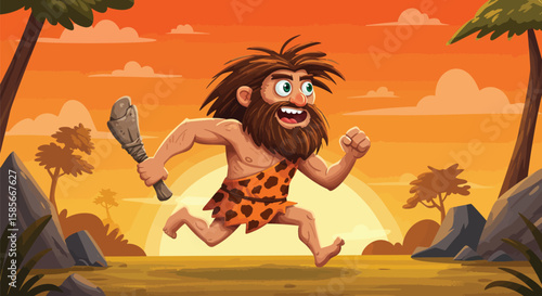 Cartoon Caveman Running and Holding a Club with an Orange Sunset Background