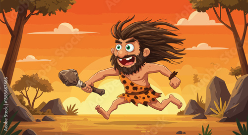 Cartoon Caveman Running Through a Sunset Landscape Holding a Club