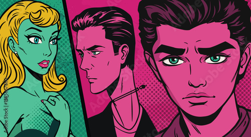 Comic style depiction of people with vibrant colors showcasing emotions and relationships