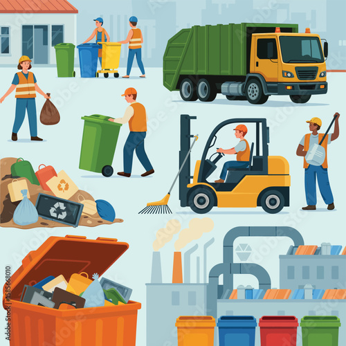 Waste management workers and equipment collecting and processing trash and recyclables