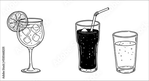 Black and white line art illustration of three diverse refreshing drinks: a cocktail with lemon, a soda with straw, and a sparkling water glass.