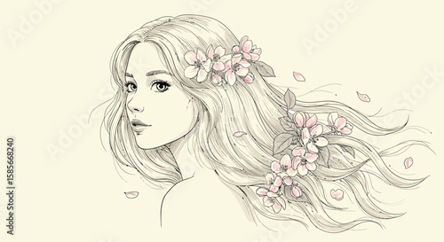 Elegant portrait of a woman adorned with delicate floral accents and flowing hair illustration