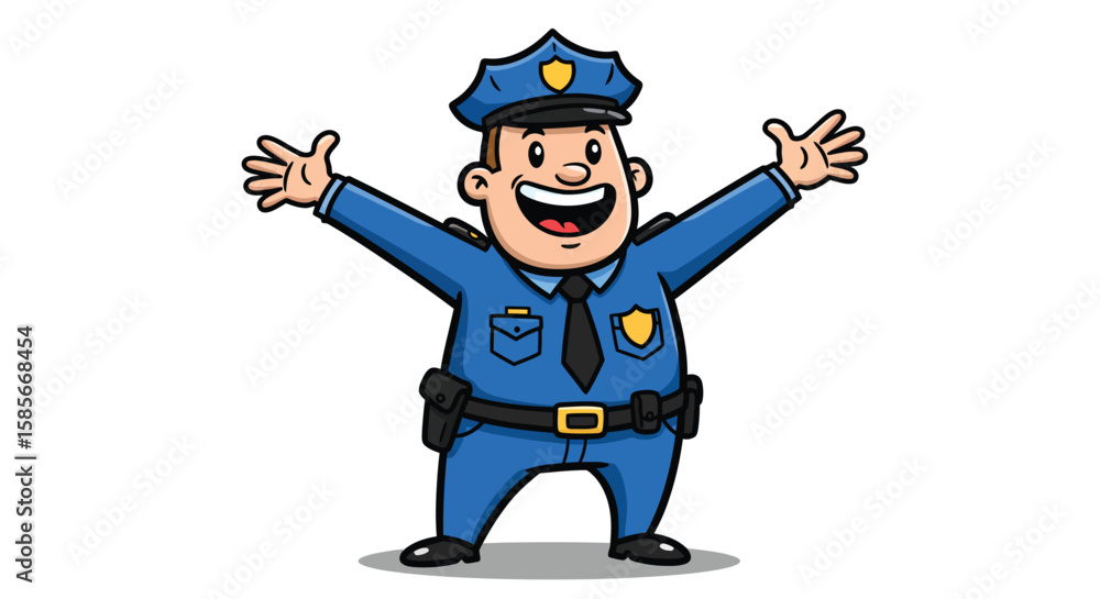 Obraz premium Friendly police officer cartoon character with arms outstretched for greeting or welcome