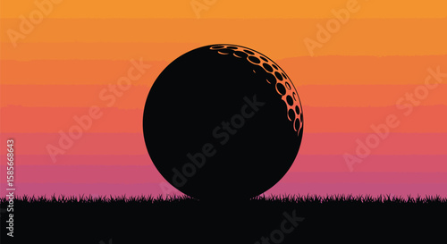 Golf ball silhouette with sunset background, playing golf concept, illustration