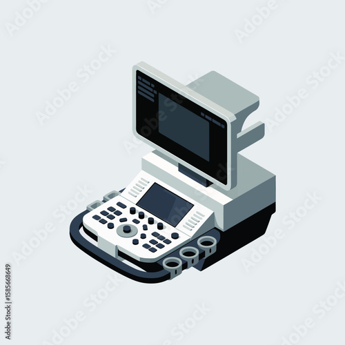 Modern ultrasound machine with screen and control panel in isometric view