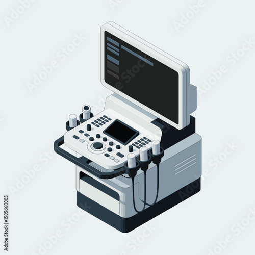 Modern isometric illustration of a medical ultrasound machine with probes and screen