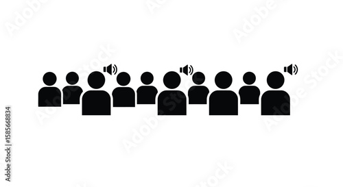 Illustration depicting a group of people with sound elements above some of them, communicating