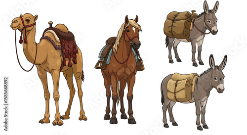 Illustration of a Camel, Horse, and Donkeys with Saddles and Carrying Gear