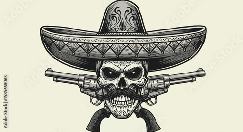 Illustration of a skull wearing a sombrero with revolvers representing a cultural symbol