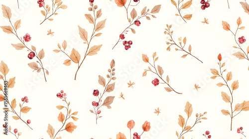Wallpaper Mural Watercolor Botanical Pattern with Leaves and Berries on Light Background Torontodigital.ca