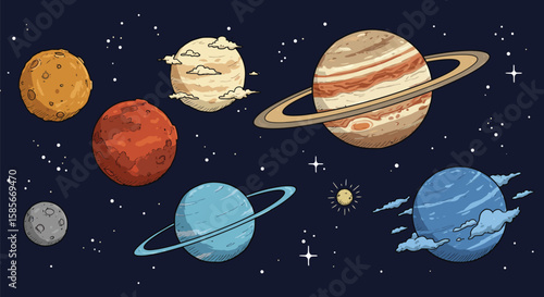 Illustrative depiction of planets and celestial bodies in a cosmic expanse