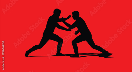 Silhouetted figures engaged in an intense physical confrontation against a vibrant red backdrop