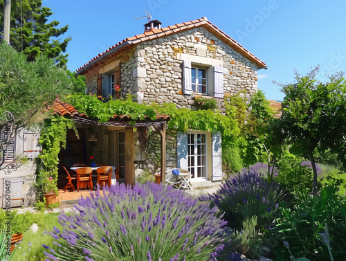 typical Provençal stone house with lavender field