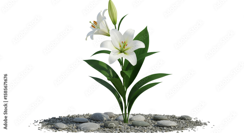 Fototapeta premium Blooming White Lily with Green Leaves and Smooth Stones