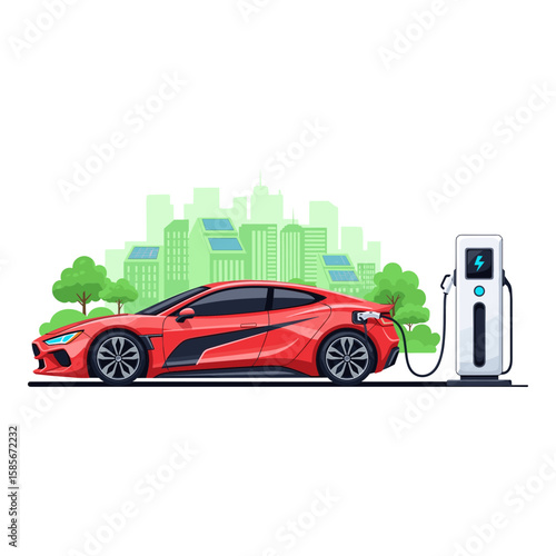 Electric Car Charging at Station in Green Sustainable City Illustration