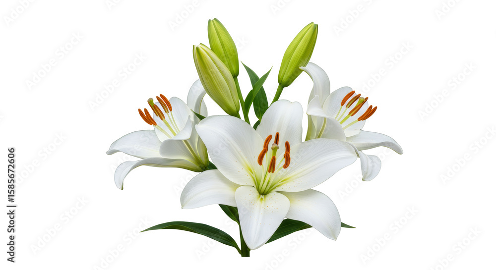 Fototapeta premium Blooming White Lilies with Buds Isolated on White Background