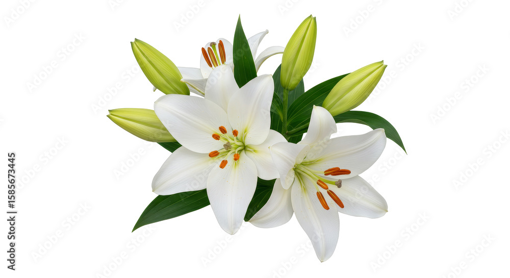 Fototapeta premium Blooming White Lilies with Buds and Green Leaves Isolated