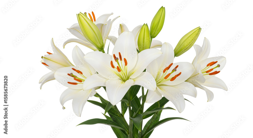 Fototapeta premium Blooming White Lilies with Green Leaves on White Background
