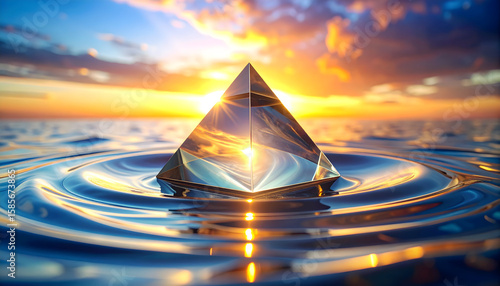 Glass Pyramid Reflecting Sunset Over Calm Ocean Water
