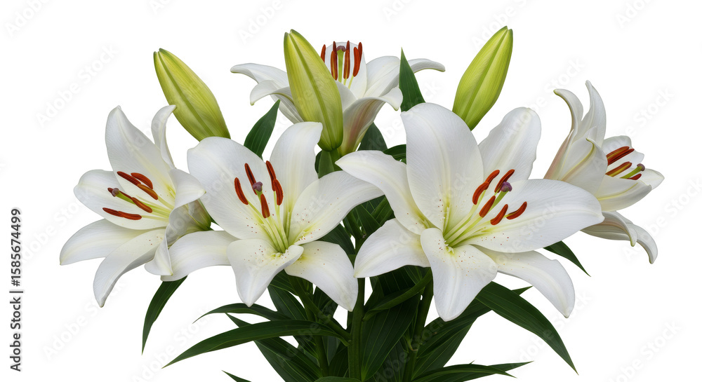 Fototapeta premium Blooming White Lily Flowers Arrangement on White Background