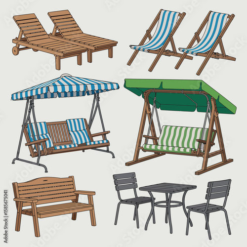 Collection of outdoor patio furniture including lounge chairs swings bench and table set
