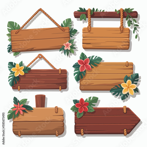 Collection of tropical wooden signs decorated with flowers and leaves