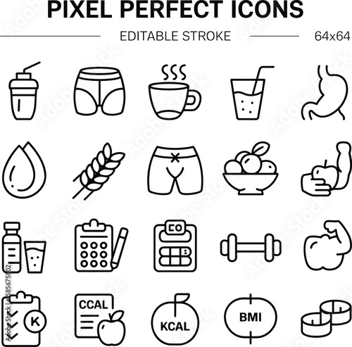 Fitness and nutrition icon set, health drink, muscle growth, calorie tracking, exercise, diet plan, weight management vector pack