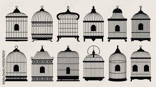 Collection of diverse vintage bird cages in silhouette on a light background