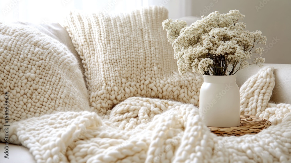 Knitted throws and pillows on a couch, a simple cozy scene Knitted throws and pillows on a couch, a simple cozy scene