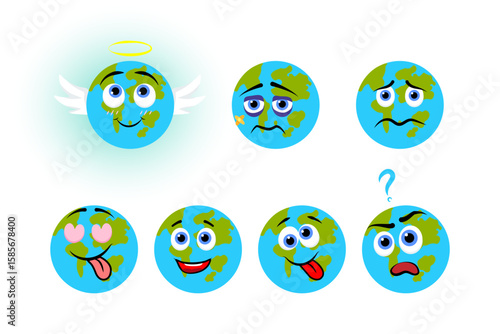 Cute Earth cartoon mascot with different emotions.