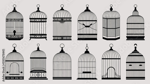 Collection of twelve vintage style black bird cages on a light grey background