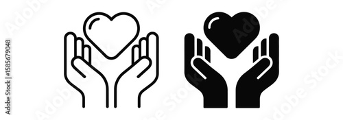 Outlined and solid icon pair of hands holding heart symbol, representing love, care, support, and charity in minimalist black design