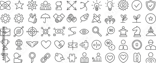 Leadership icons set, teamwork symbols, business goals, strategic growth, love and heart icon pack, editable stroke vector icons