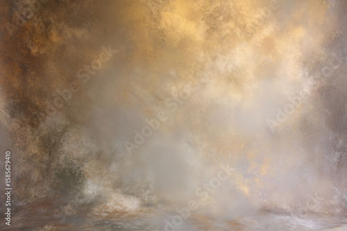 Brown studio painted backdrop. Muted golden and olive tones. Canvas background on the wall and on the floor with a soft transition.