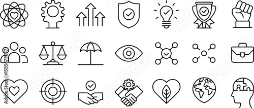 Leadership, growth and success icon set, innovation, teamwork, vision, achievement, global mindset, business ethics, values, outline strategy symbols pack