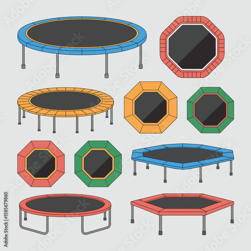 Collection of colorful trampolines in various shapes and sizes for recreation