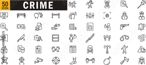 Crime editable outline icon set. Theft, robbery, murder, fraud, investigation, evidence and more.