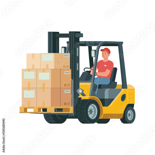 Smiling man in red shirt driving a yellow forklift carrying stacked cardboard boxes on a pallet
