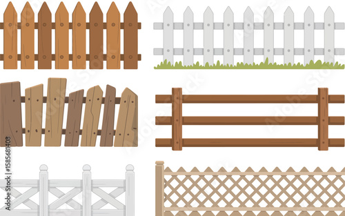 Collection of six different styles of wooden fences and picket fences