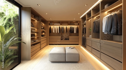 Luxurious walk-in closet with light wood tones