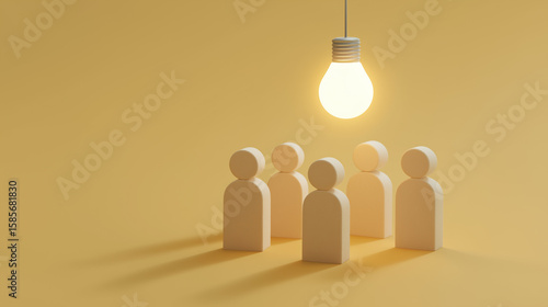 3D on a yellow background features six minimalist human figures with a glowing light bulb suspended above them, symbolizing shared ideas, collective thinking, or brainstorming within a group.