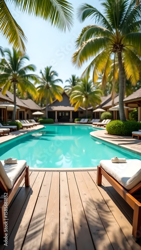 Wooden poolside terrace with tropical resort pool as backdrop, sun loungers and palm trees, sunny weather, relaxing summer vibes. Vertical image